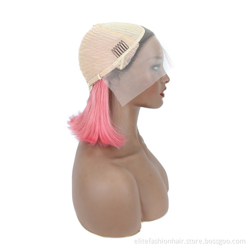 Short Human Hair Straight bob Wig 150% Density Brazilian Virgin hair T1B hot pink T part Lace Front Wig Human Hair for Women